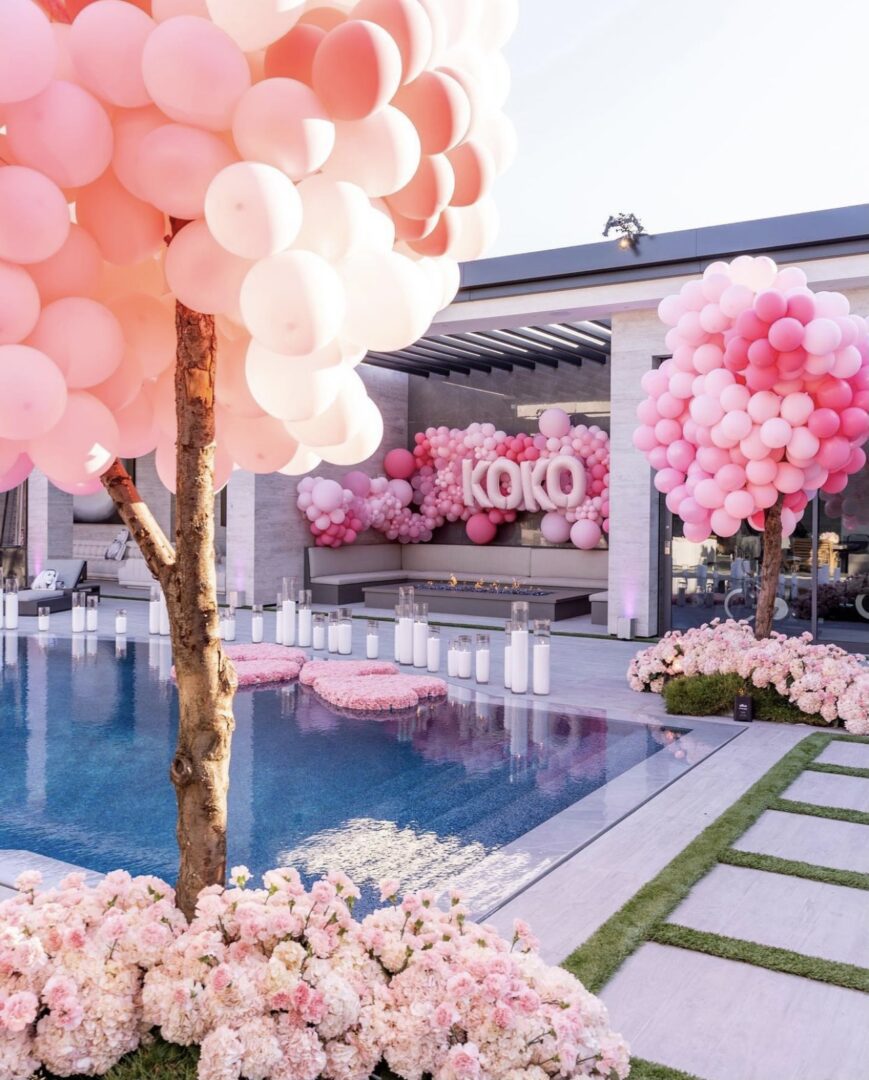 Pink Organic Balloons for Khloe Kardasian's Birthday Party. Custom Balloons for Event Venue Weddings and Parties